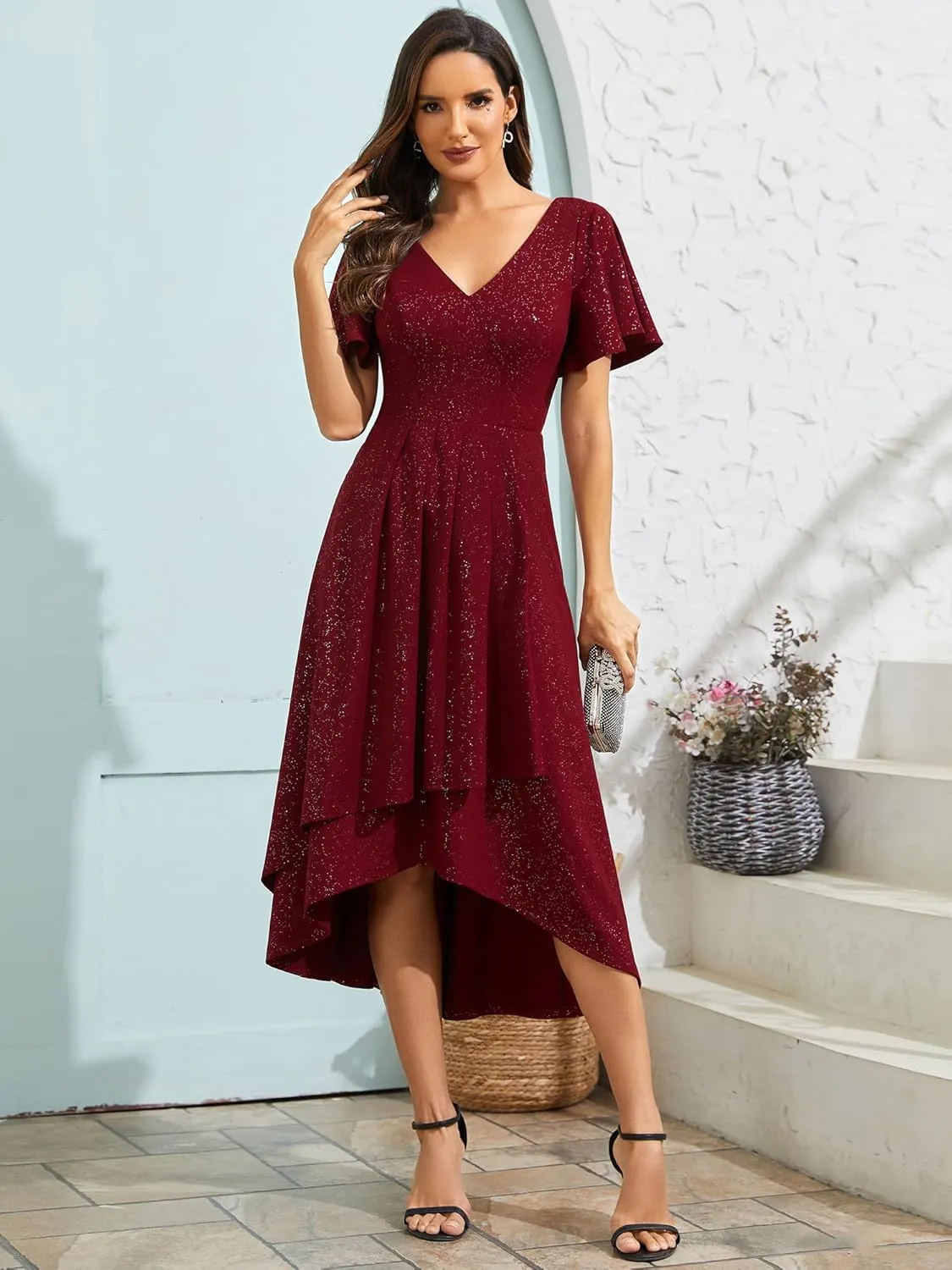 Ever-Pretty Women's Wedding Guest Dress Double V Neck Ruffle Sleeves High Low Glitter Midi Semi Formal Dresses 71926