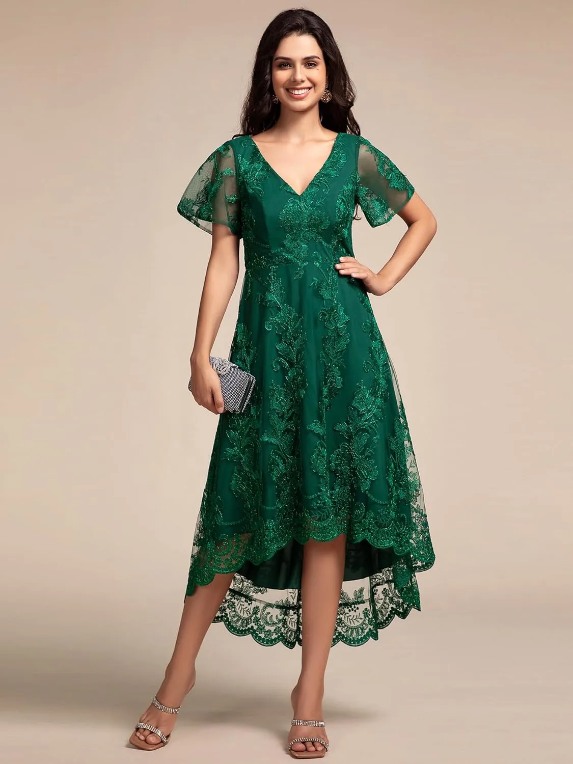 Ever-Pretty Women's Wedding Guest Dress V Neck Ruffles Sleeves Embroidery High Low Formal Dresses 02255