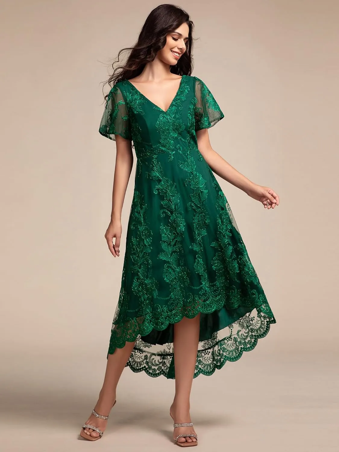 Ever-Pretty Women's Wedding Guest Dress V Neck Ruffles Sleeves Embroidery High Low Formal Dresses 02255
