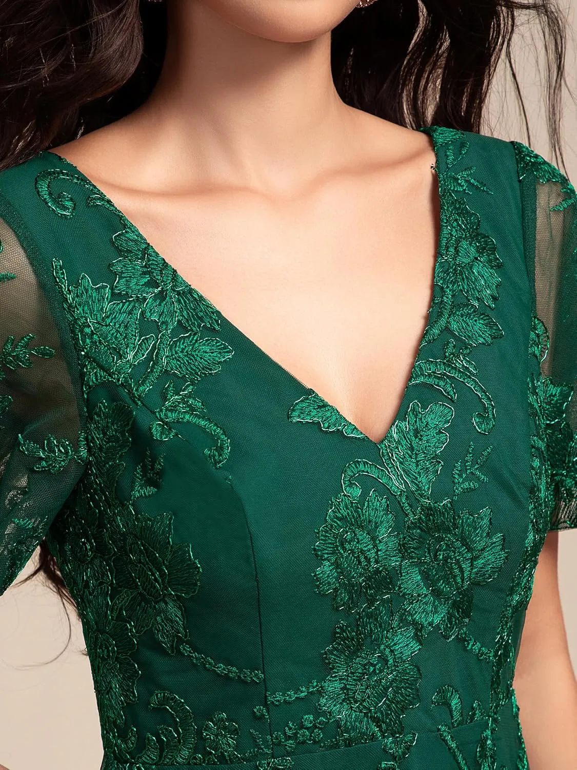 Ever-Pretty Women's Wedding Guest Dress V Neck Ruffles Sleeves Embroidery High Low Formal Dresses 02255