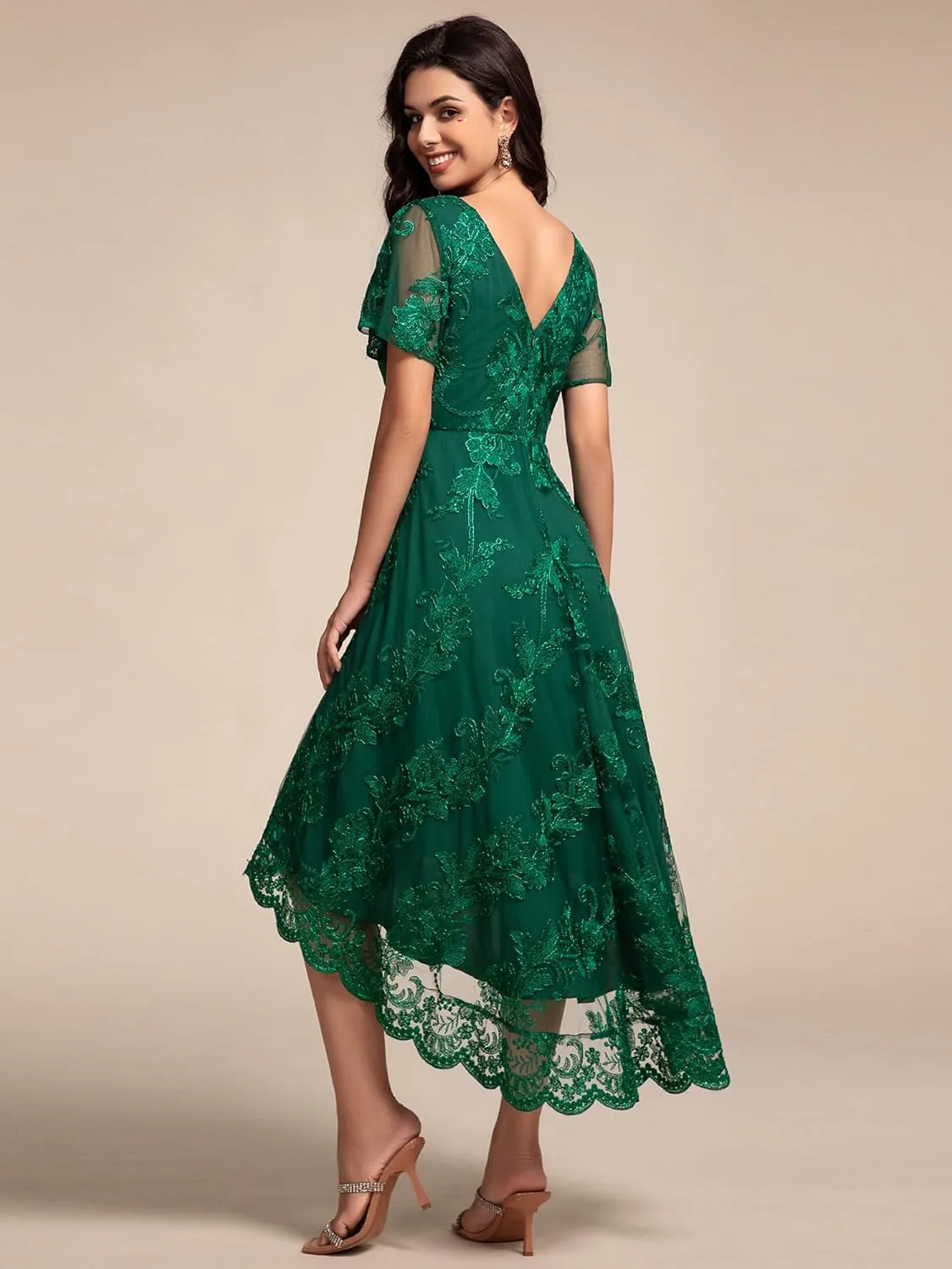 Ever-Pretty Women's Wedding Guest Dress V Neck Ruffles Sleeves Embroidery High Low Formal Dresses 02255
