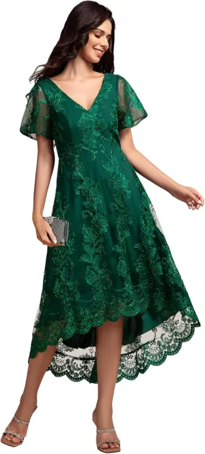 Ever-Pretty Women's Wedding Guest Dress V Neck Ruffles Sleeves Embroidery High Low Formal Dresses 02255