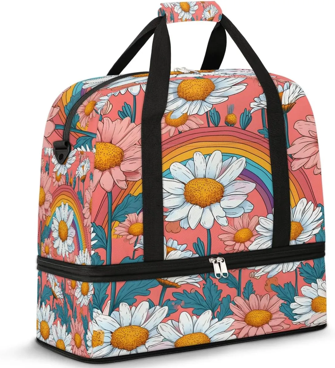 Exquisite Daisy Pattern Colorful Travel Duffle Bag, Collapsible Travel Bag Sports Gym Bag With Shoes Compartment Weekender Bag Overnight Bag For Women Men
