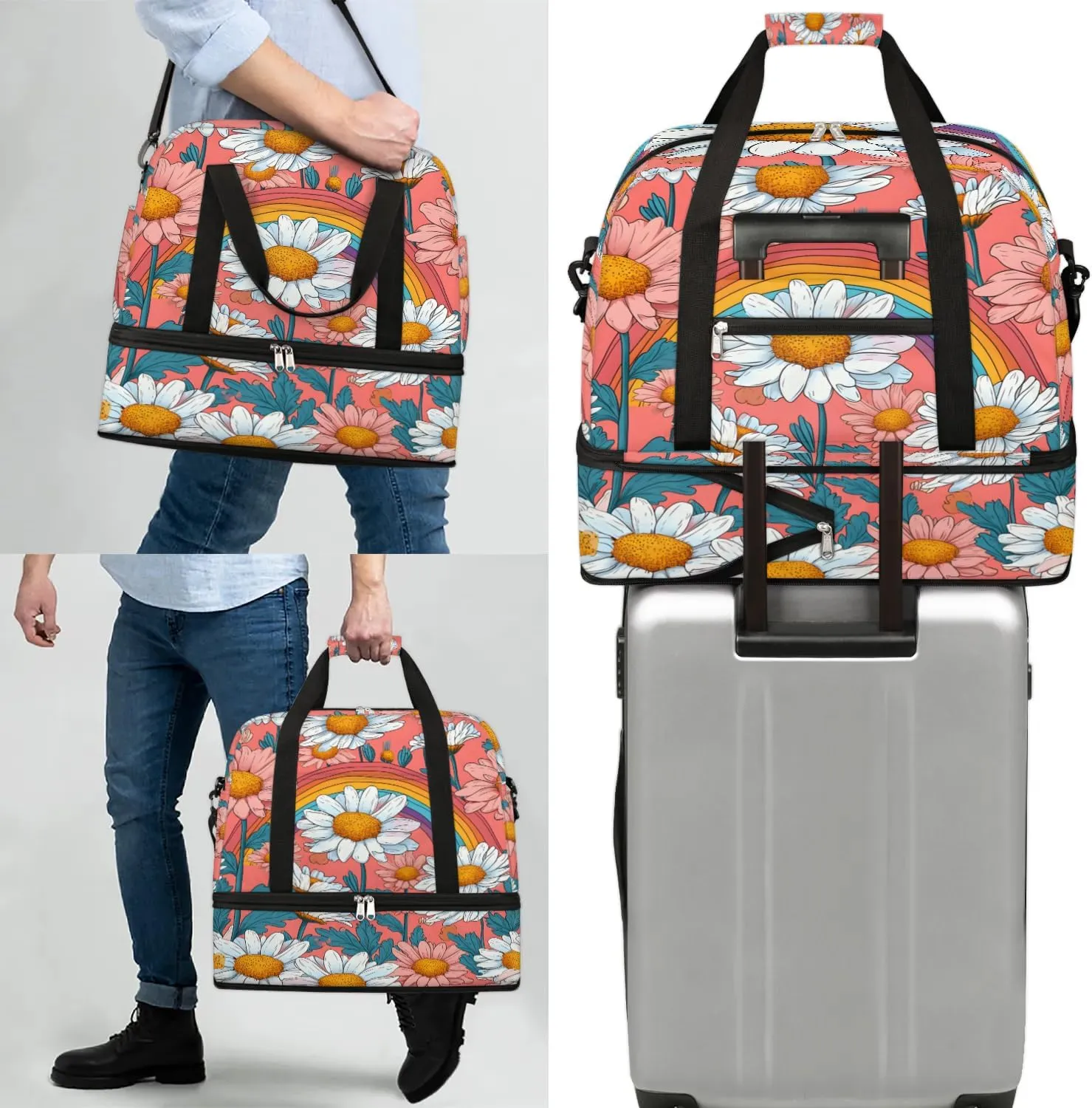 Exquisite Daisy Pattern Colorful Travel Duffle Bag, Collapsible Travel Bag Sports Gym Bag With Shoes Compartment Weekender Bag Overnight Bag For Women Men
