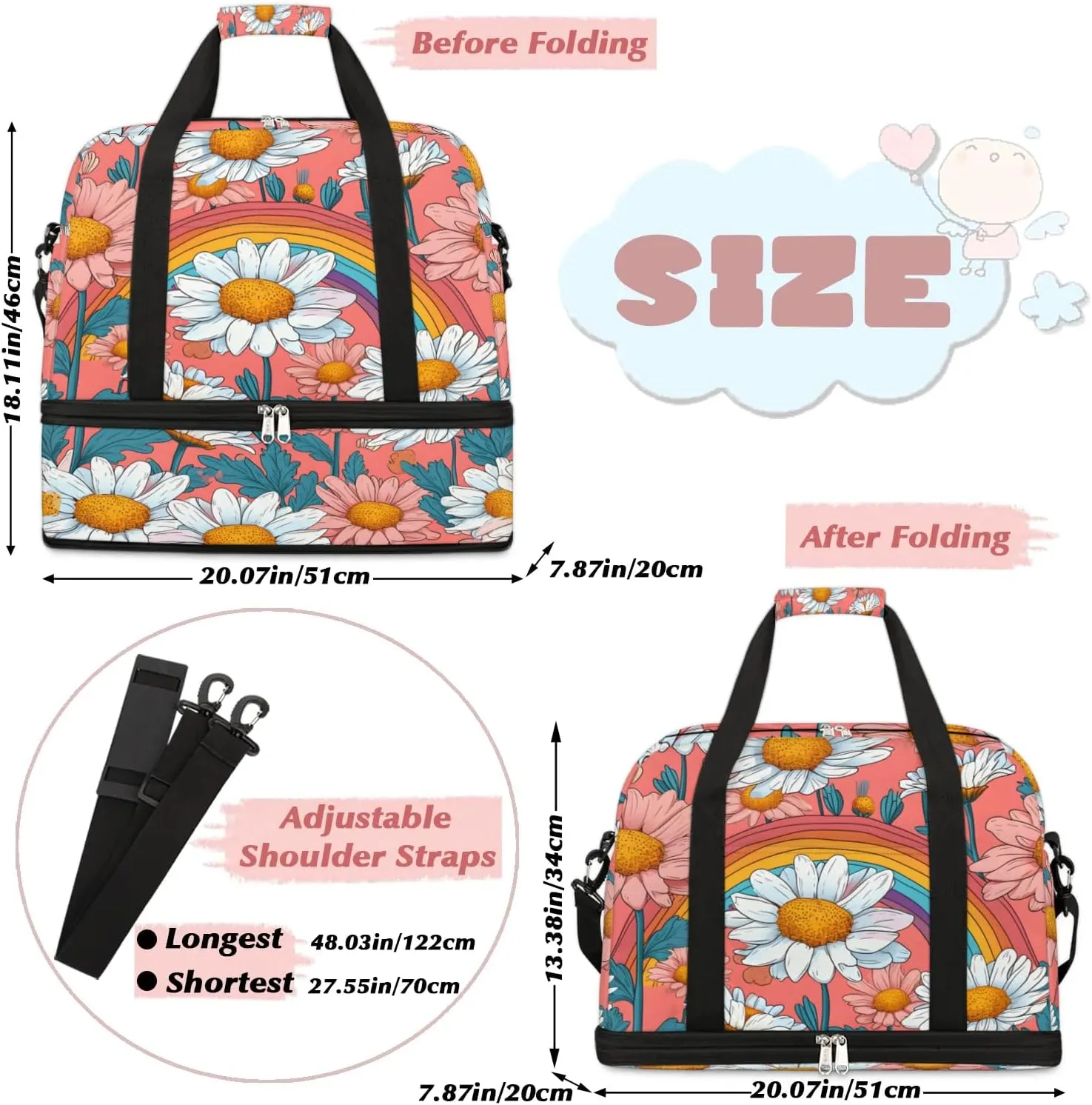 Exquisite Daisy Pattern Colorful Travel Duffle Bag, Collapsible Travel Bag Sports Gym Bag With Shoes Compartment Weekender Bag Overnight Bag For Women Men