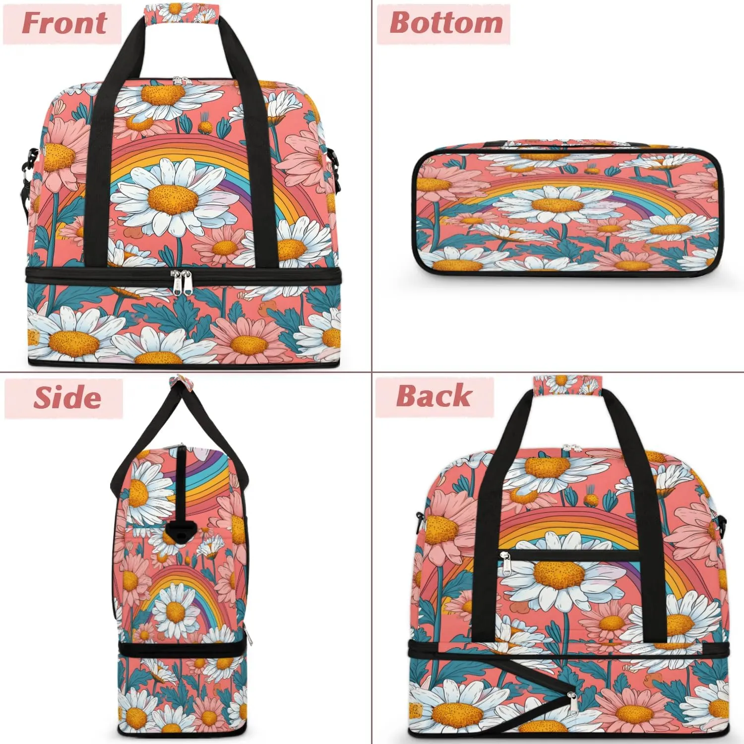 Exquisite Daisy Pattern Colorful Travel Duffle Bag, Collapsible Travel Bag Sports Gym Bag With Shoes Compartment Weekender Bag Overnight Bag For Women Men