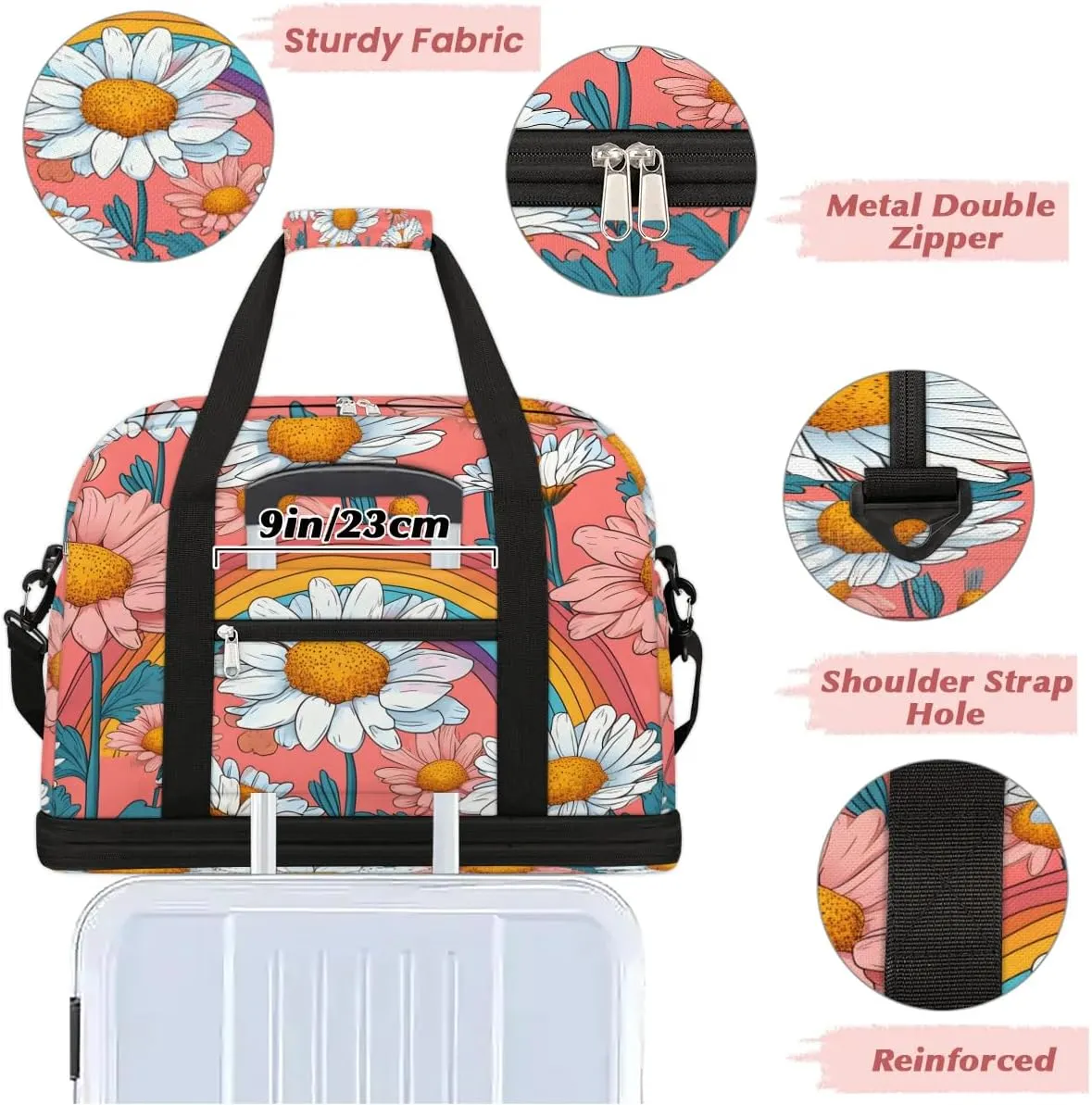 Exquisite Daisy Pattern Colorful Travel Duffle Bag, Collapsible Travel Bag Sports Gym Bag With Shoes Compartment Weekender Bag Overnight Bag For Women Men