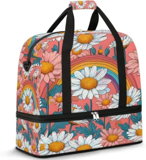 Exquisite Daisy Pattern Colorful Travel Duffle Bag, Collapsible Travel Bag Sports Gym Bag With Shoes Compartment Weekender Bag Overnight Bag For Women Men
