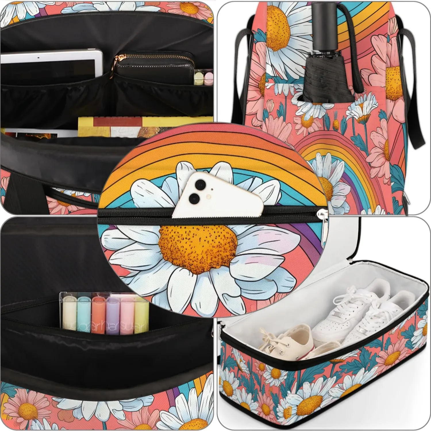 Exquisite Daisy Pattern Colorful Travel Duffle Bag, Collapsible Travel Bag Sports Gym Bag With Shoes Compartment Weekender Bag Overnight Bag For Women Men
