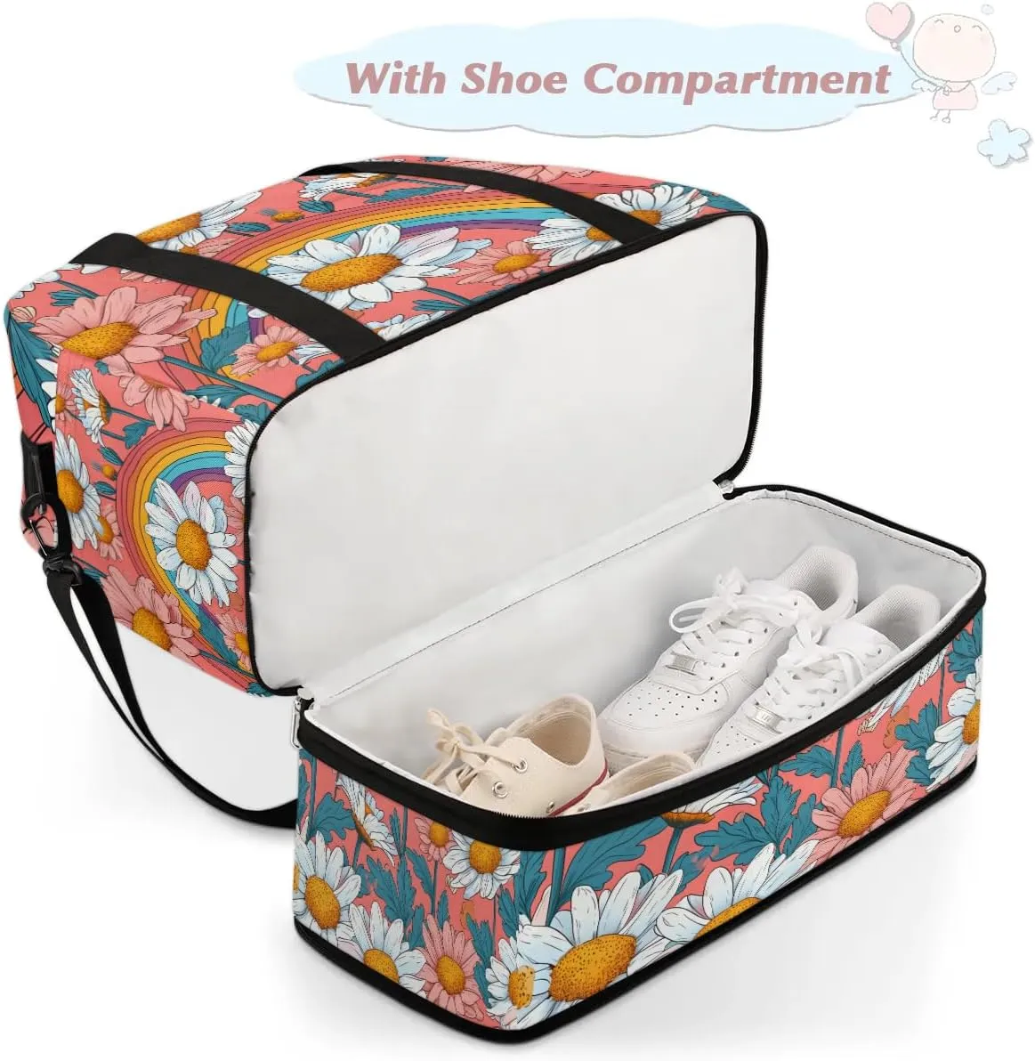 Exquisite Daisy Pattern Colorful Travel Duffle Bag, Collapsible Travel Bag Sports Gym Bag With Shoes Compartment Weekender Bag Overnight Bag For Women Men