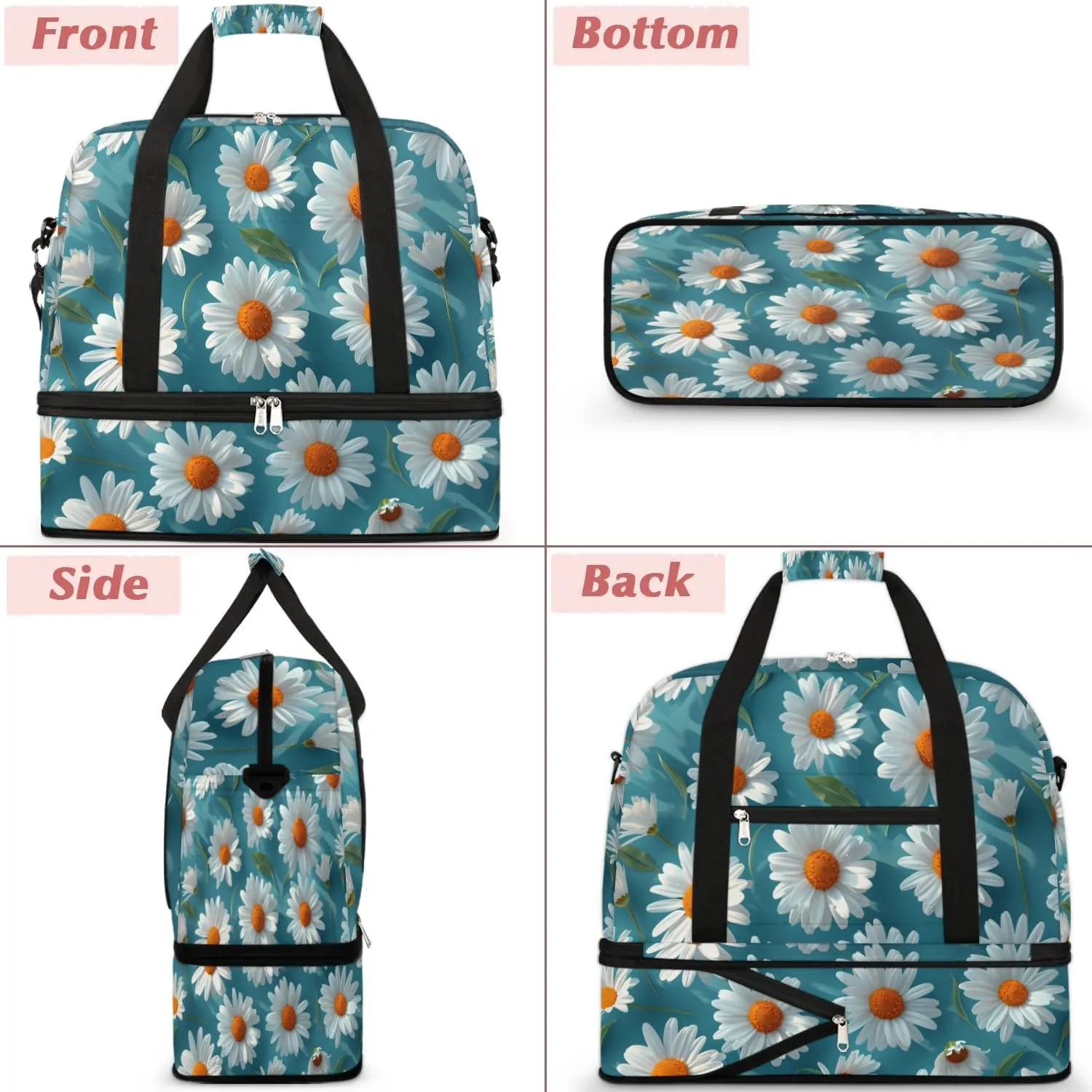 Exquisite Daisy Printings Colorful Travel Duffle Bag, Collapsible Travel Bag Sports Gym Bag With Shoes Compartment Weekender Bag Overnight Bag For Women Men