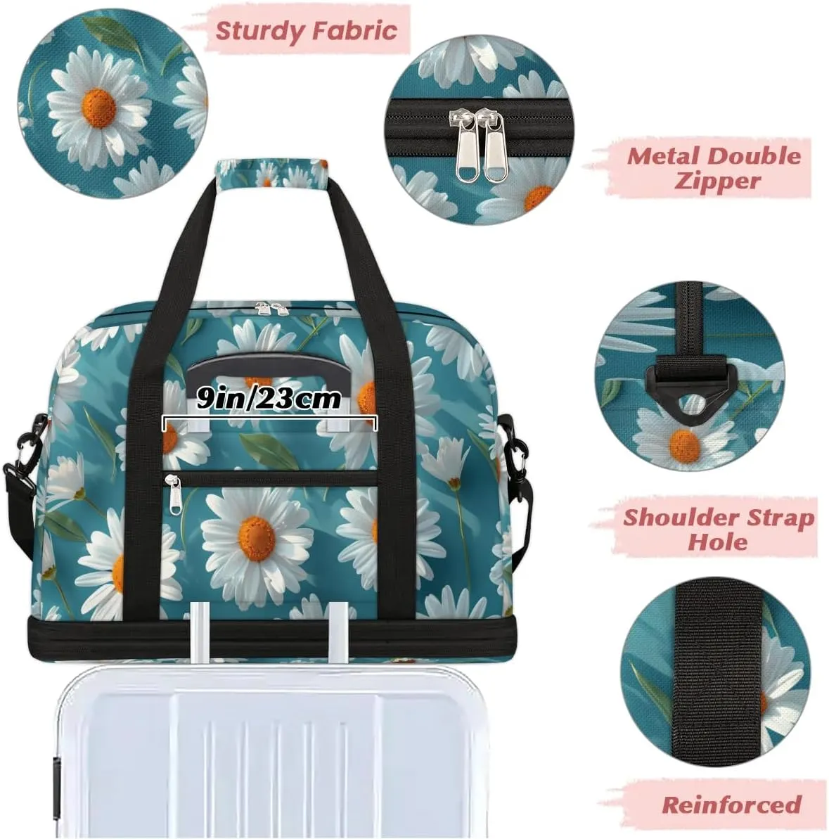 Exquisite Daisy Printings Colorful Travel Duffle Bag, Collapsible Travel Bag Sports Gym Bag With Shoes Compartment Weekender Bag Overnight Bag For Women Men