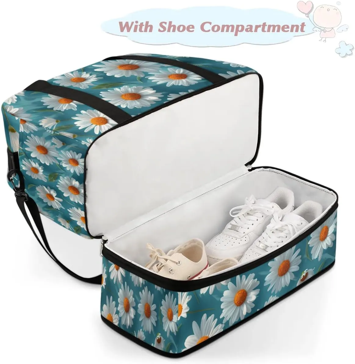 Exquisite Daisy Printings Colorful Travel Duffle Bag, Collapsible Travel Bag Sports Gym Bag With Shoes Compartment Weekender Bag Overnight Bag For Women Men