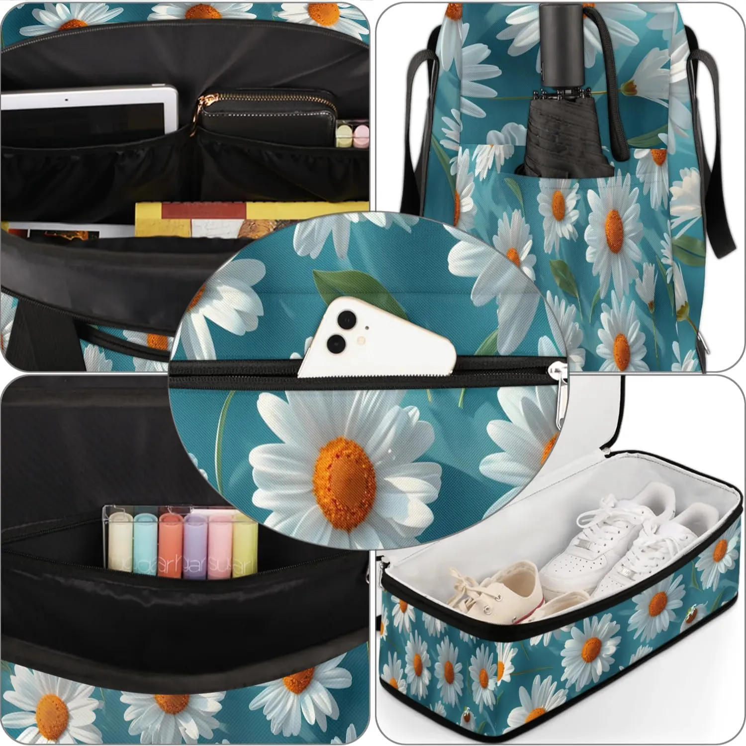 Exquisite Daisy Printings Colorful Travel Duffle Bag, Collapsible Travel Bag Sports Gym Bag With Shoes Compartment Weekender Bag Overnight Bag For Women Men
