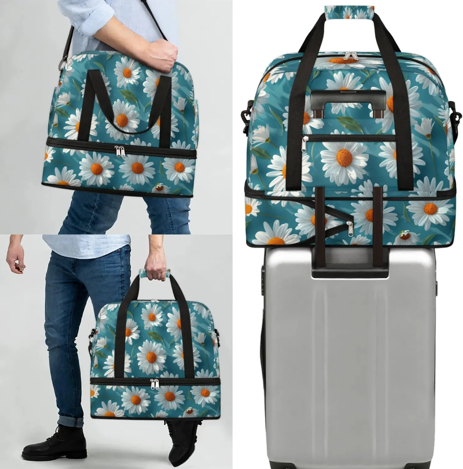 Exquisite Daisy Printings Colorful Travel Duffle Bag, Collapsible Travel Bag Sports Gym Bag With Shoes Compartment Weekender Bag Overnight Bag For Women Men