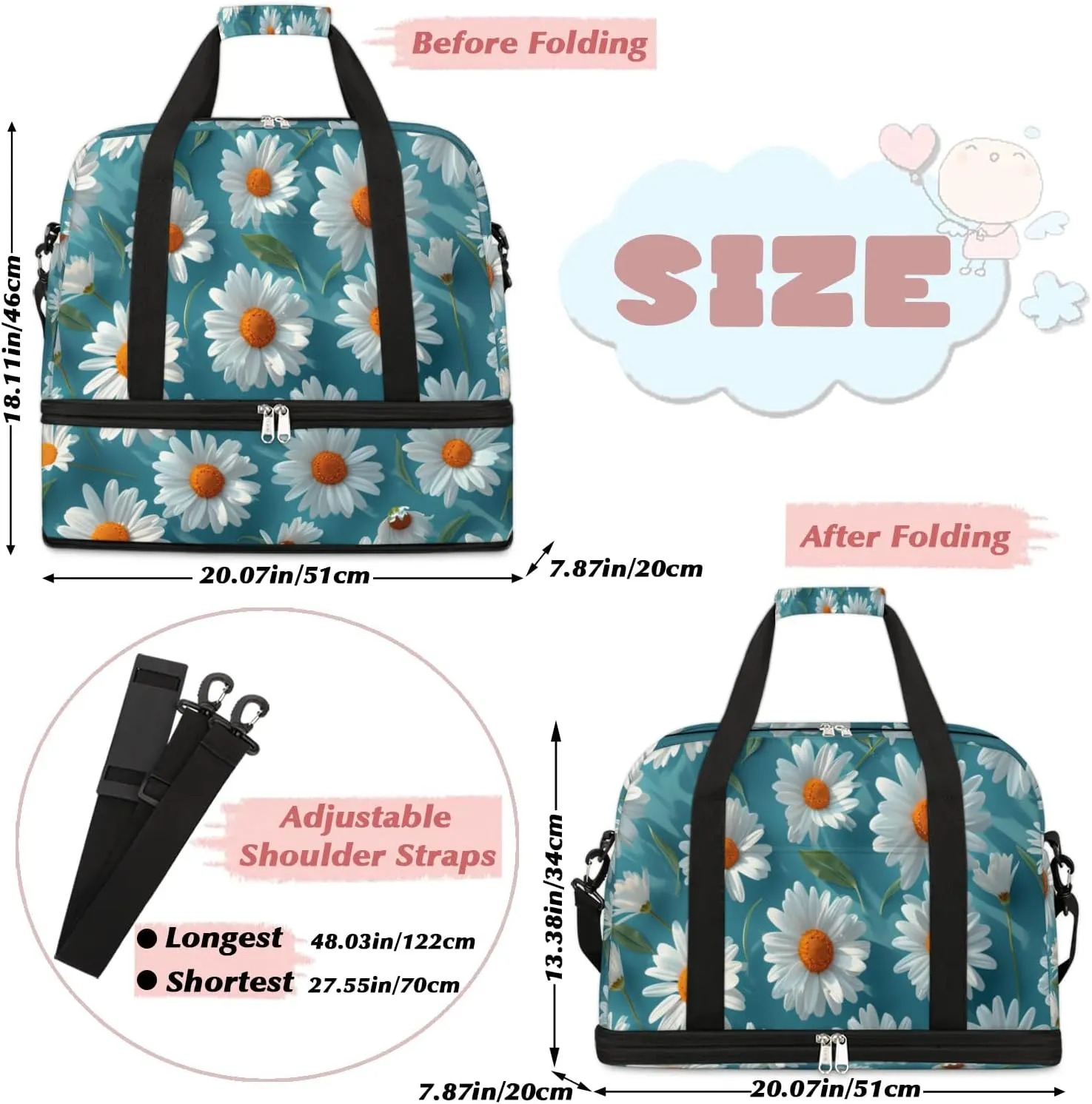 Exquisite Daisy Printings Colorful Travel Duffle Bag, Collapsible Travel Bag Sports Gym Bag With Shoes Compartment Weekender Bag Overnight Bag For Women Men