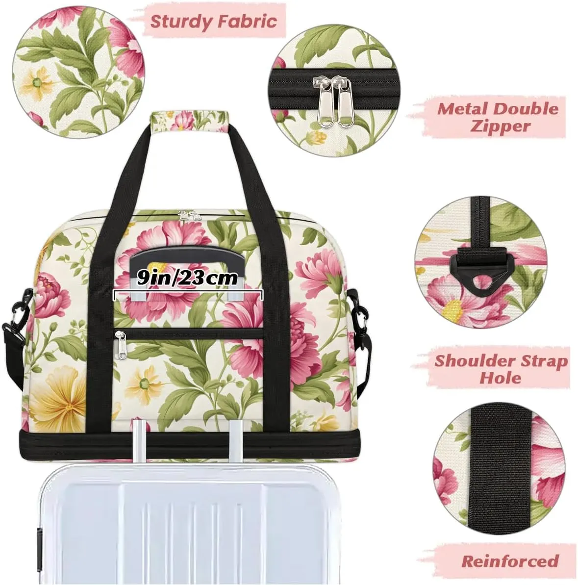 Exquisite Drawing Flora Pattern Travel Duffle Bag, Collapsible Travel Bag Sports Gym Bag With Shoes Compartment Weekender Bag Overnight Bag For Women Men