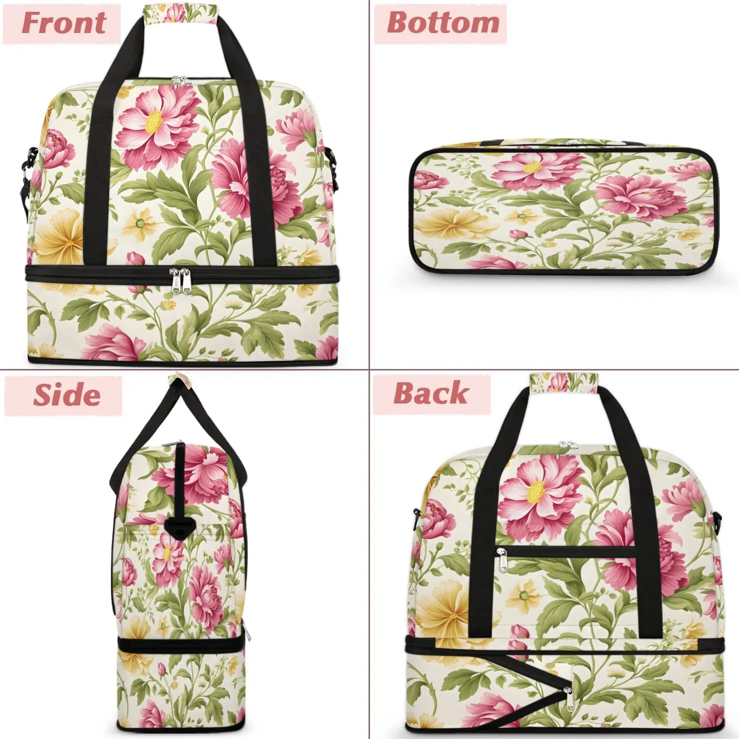 Exquisite Drawing Flora Pattern Travel Duffle Bag, Collapsible Travel Bag Sports Gym Bag With Shoes Compartment Weekender Bag Overnight Bag For Women Men