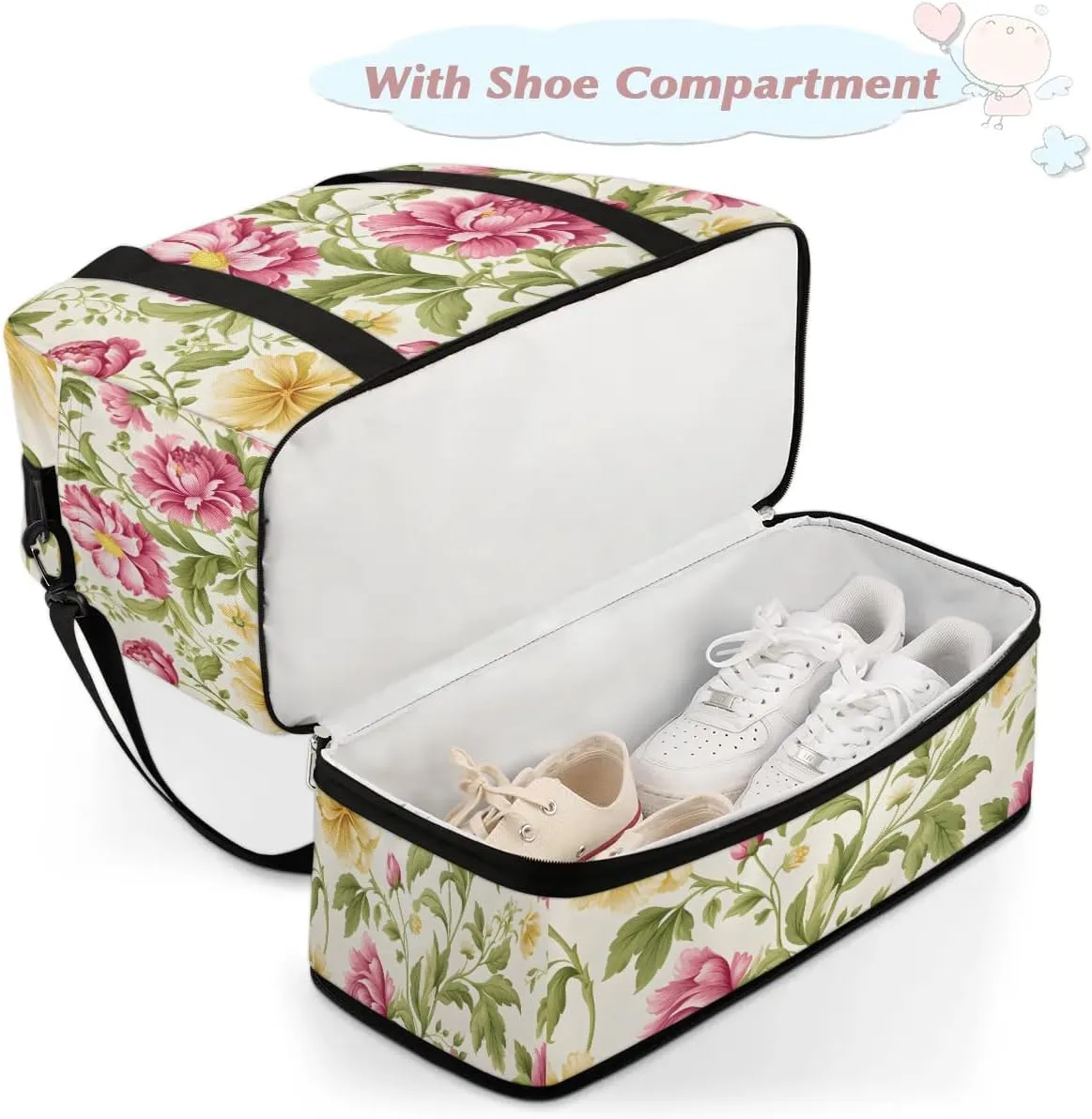 Exquisite Drawing Flora Pattern Travel Duffle Bag, Collapsible Travel Bag Sports Gym Bag With Shoes Compartment Weekender Bag Overnight Bag For Women Men