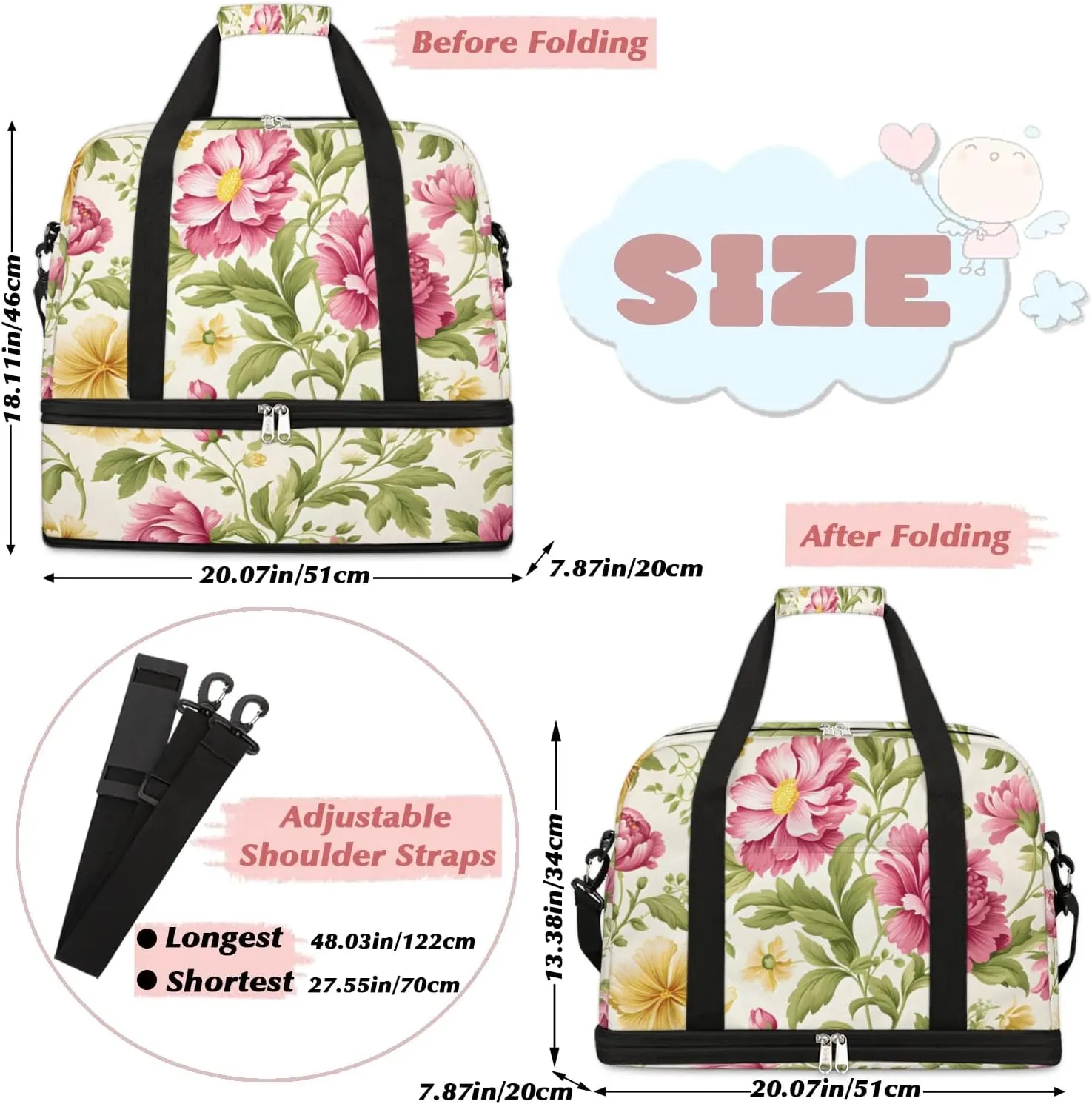 Exquisite Drawing Flora Pattern Travel Duffle Bag, Collapsible Travel Bag Sports Gym Bag With Shoes Compartment Weekender Bag Overnight Bag For Women Men
