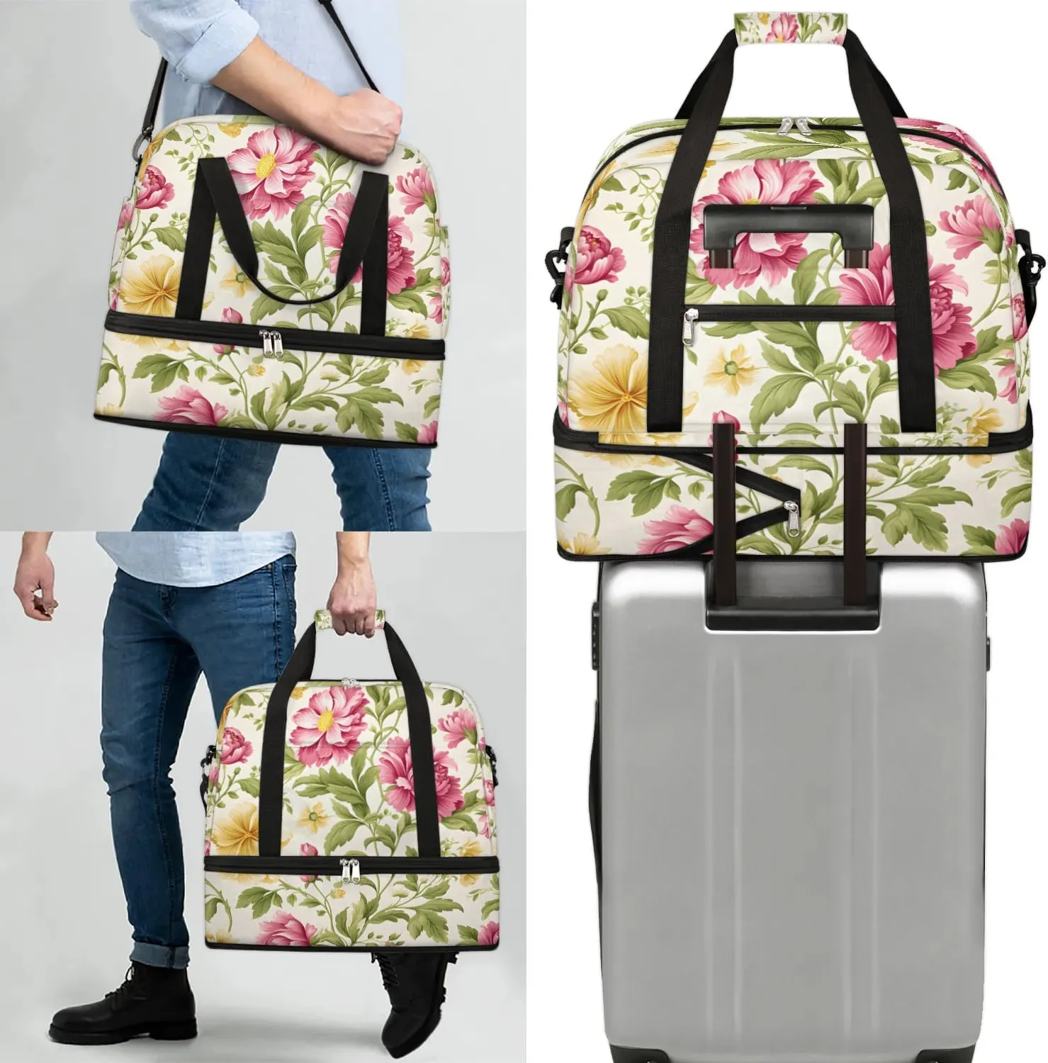 Exquisite Drawing Flora Pattern Travel Duffle Bag, Collapsible Travel Bag Sports Gym Bag With Shoes Compartment Weekender Bag Overnight Bag For Women Men