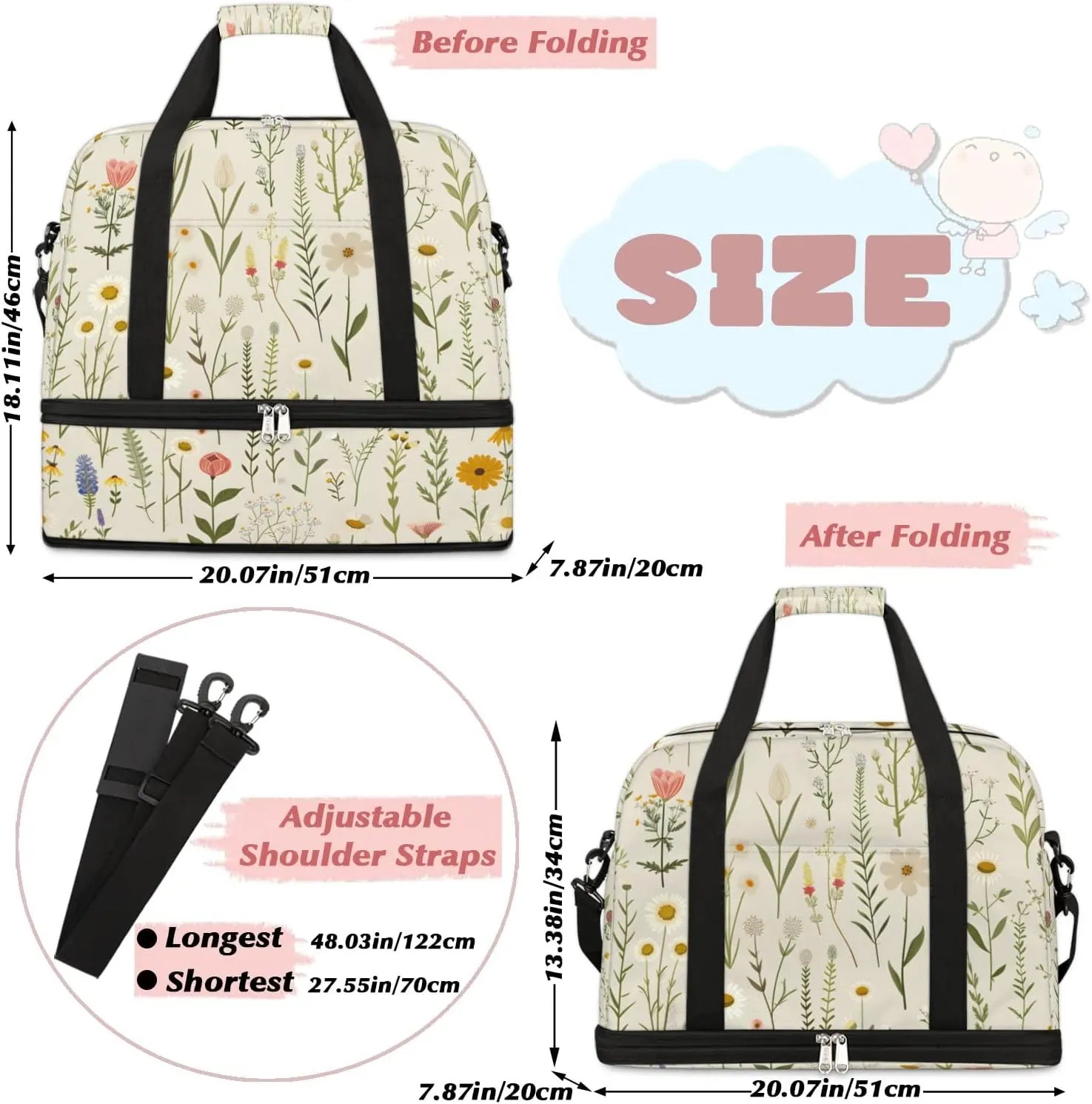 Exquisite Flora Colorful Pattern Travel Duffle Bag, Collapsible Travel Bag Sports Gym Bag With Shoes Compartment Weekender Bag Overnight Bag For Women Men