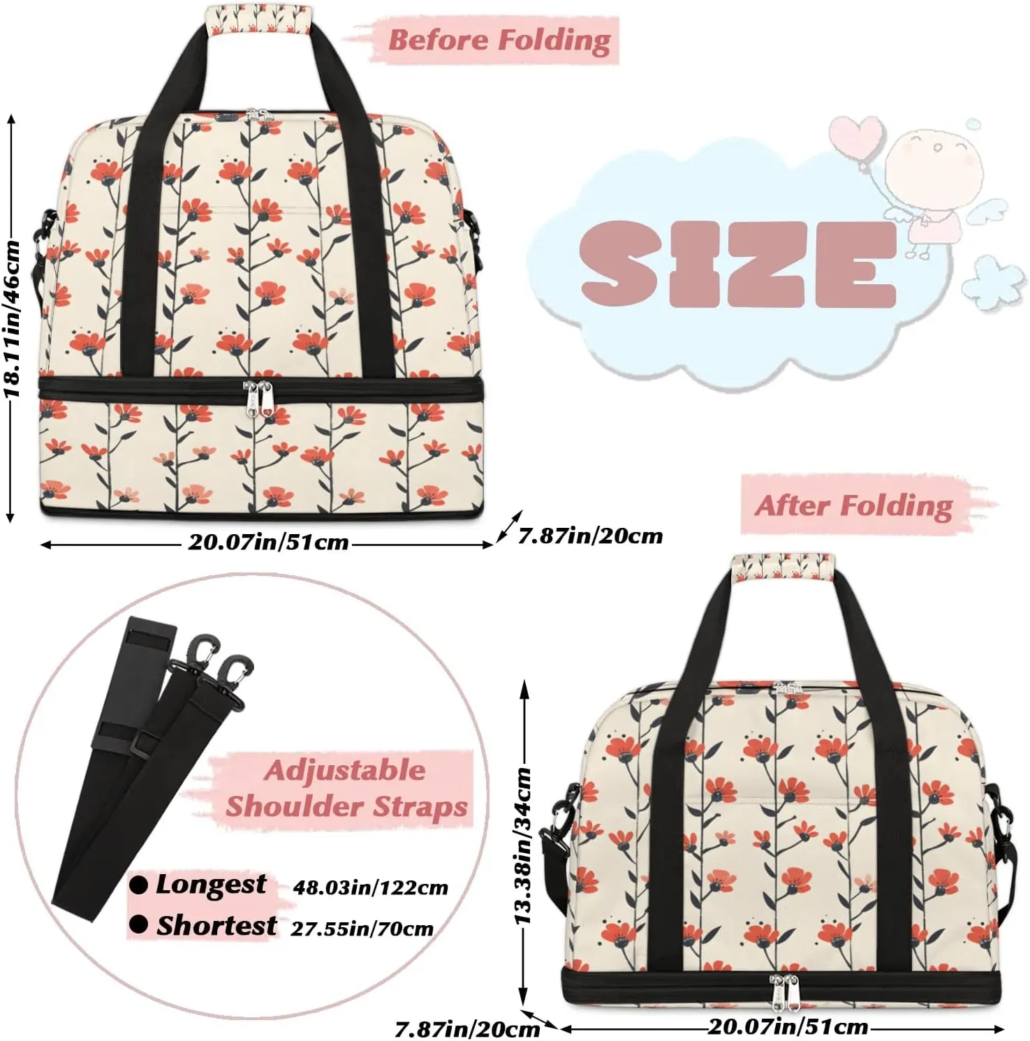 Exquisite Flora Colorful Prints Travel Duffle Bag, Collapsible Travel Bag Sports Gym Bag With Shoes Compartment Weekender Bag Overnight Bag For Women Men