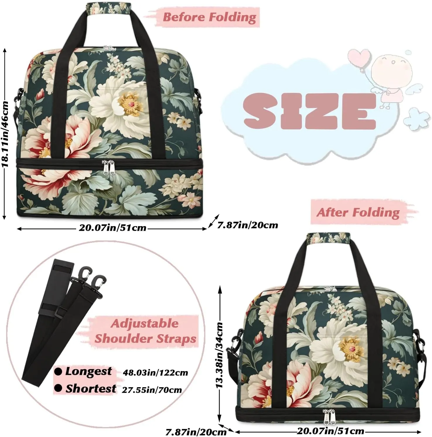 Exquisite Patterns Vivid Flower Travel Duffle Bag, Collapsible Travel Bag Sports Gym Bag With Shoes Compartment Weekender Bag Overnight Bag For Women Men