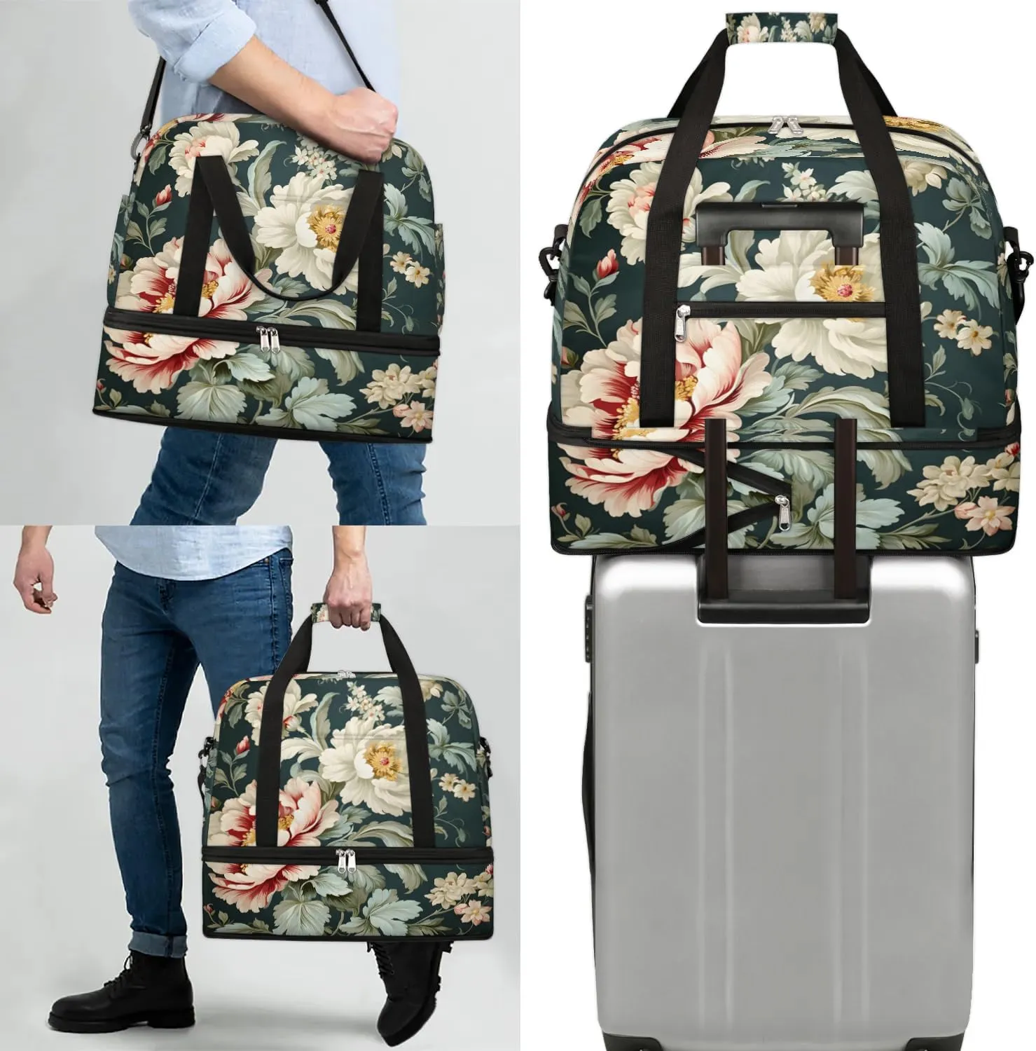 Exquisite Patterns Vivid Flower Travel Duffle Bag, Collapsible Travel Bag Sports Gym Bag With Shoes Compartment Weekender Bag Overnight Bag For Women Men