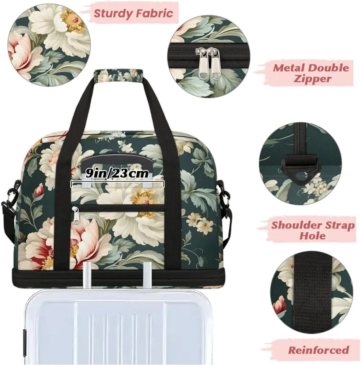 Exquisite Patterns Vivid Flower Travel Duffle Bag, Collapsible Travel Bag Sports Gym Bag With Shoes Compartment Weekender Bag Overnight Bag For Women Men