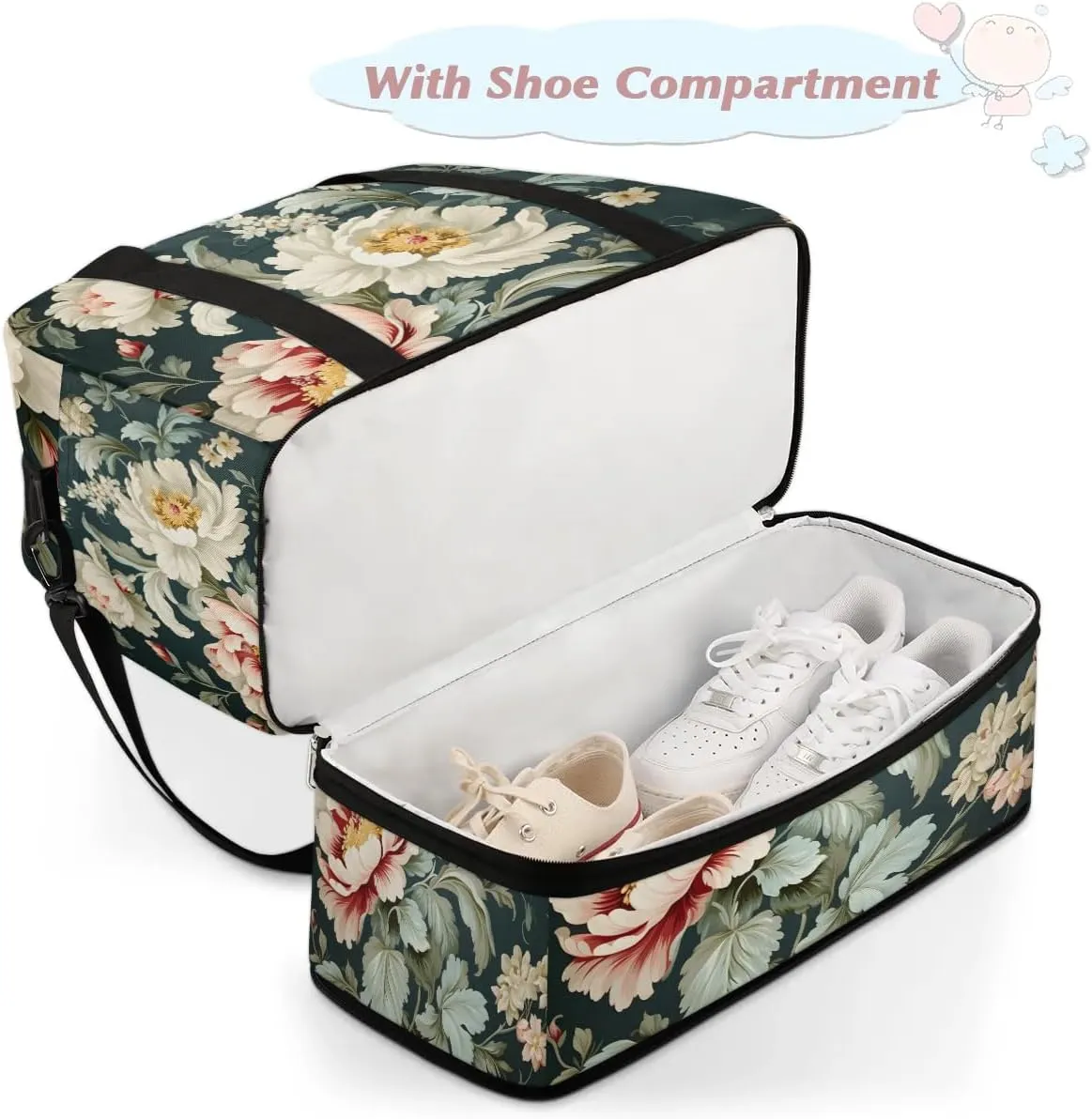 Exquisite Patterns Vivid Flower Travel Duffle Bag, Collapsible Travel Bag Sports Gym Bag With Shoes Compartment Weekender Bag Overnight Bag For Women Men