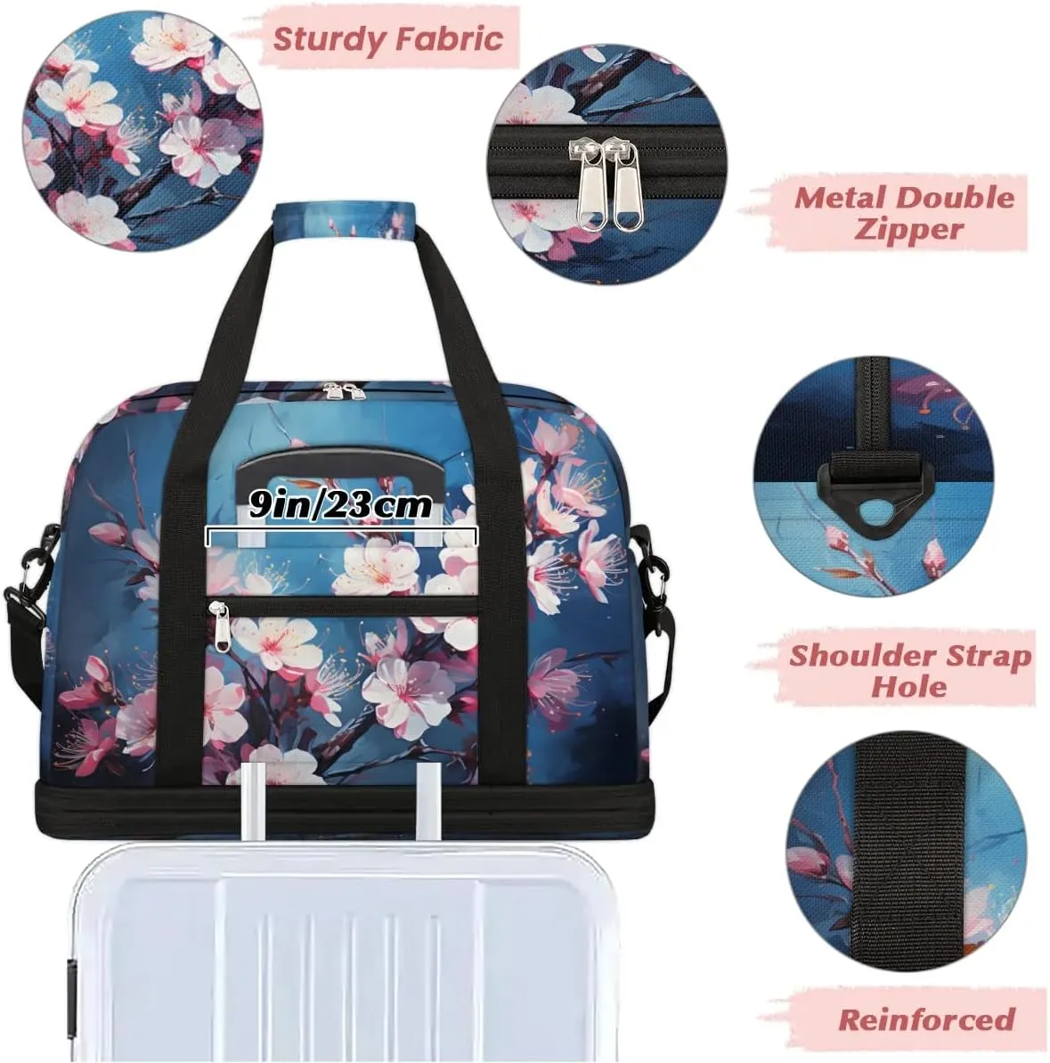 Exquisite Radiant Printing Flower Travel Duffle Bag, Collapsible Travel Bag Sports Gym Bag With Shoes Compartment Weekender Bag Overnight Bag For Women Men