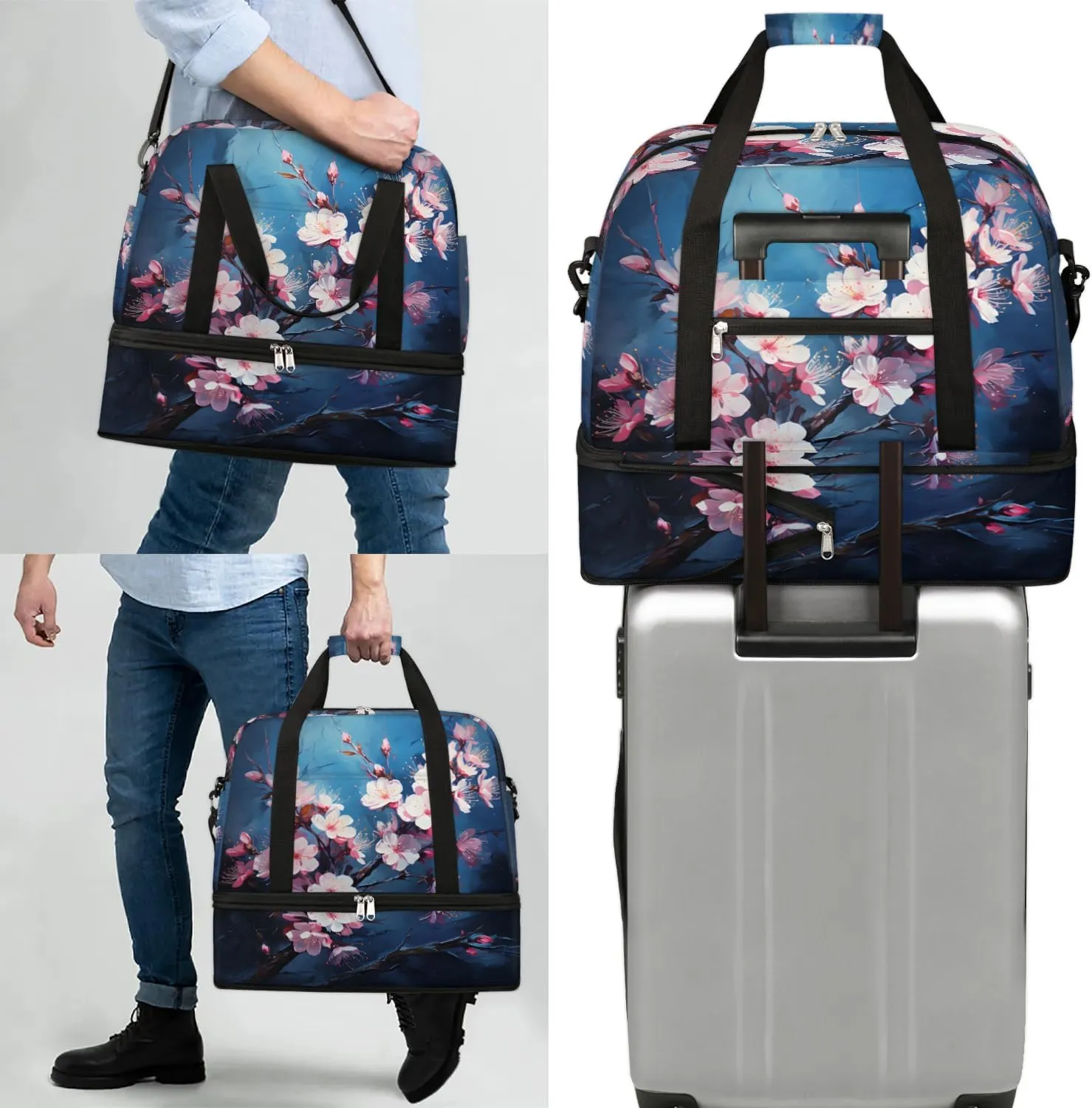 Exquisite Radiant Printing Flower Travel Duffle Bag, Collapsible Travel Bag Sports Gym Bag With Shoes Compartment Weekender Bag Overnight Bag For Women Men