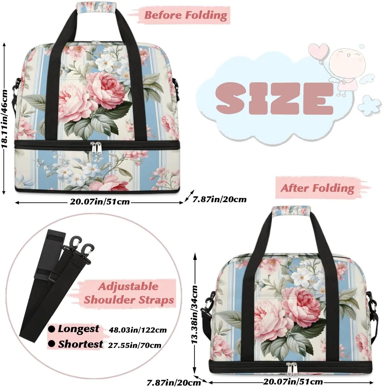Exquisite Radiant Printings Flower Travel Duffle Bag, Collapsible Travel Bag Sports Gym Bag With Shoes Compartment Weekender Bag Overnight Bag For Women Men