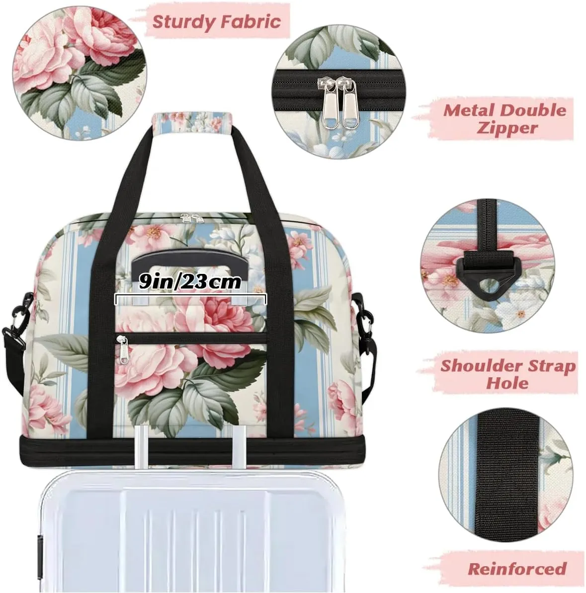 Exquisite Radiant Printings Flower Travel Duffle Bag, Collapsible Travel Bag Sports Gym Bag With Shoes Compartment Weekender Bag Overnight Bag For Women Men
