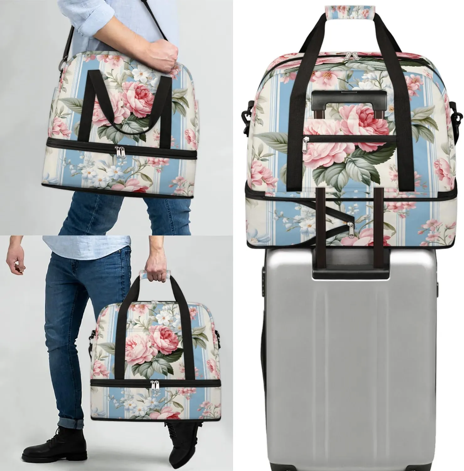 Exquisite Radiant Printings Flower Travel Duffle Bag, Collapsible Travel Bag Sports Gym Bag With Shoes Compartment Weekender Bag Overnight Bag For Women Men