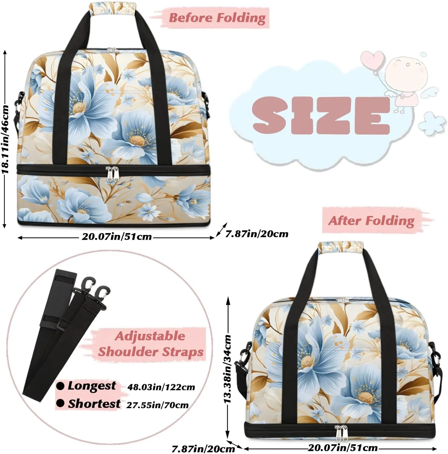 Exquisite Vivid Flora Printing Travel Duffle Bag, Collapsible Travel Bag Sports Gym Bag With Shoes Compartment Weekender Bag Overnight Bag For Women Men