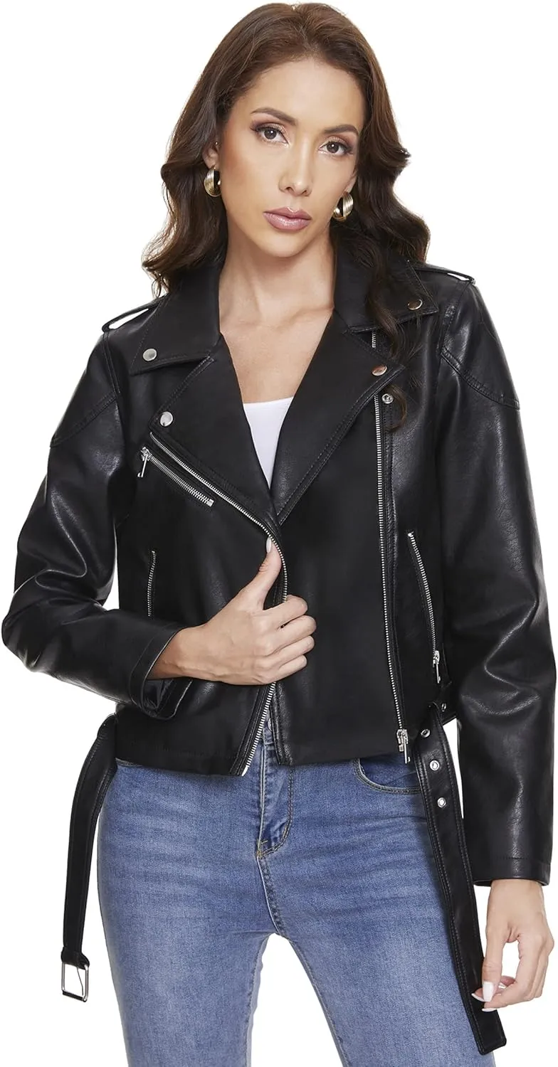 Fahsyee Women's Faux Leather Jackets, Zip Up Motorcycle Short PU Moto Biker Outwear Fitted Slim Coat