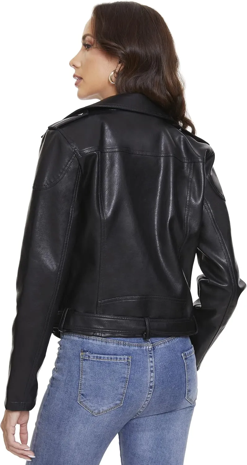 Fahsyee Women's Faux Leather Jackets, Zip Up Motorcycle Short PU Moto Biker Outwear Fitted Slim Coat