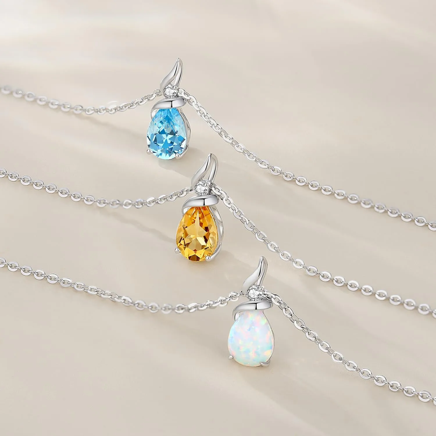 FANCIME 14K Solid White Gold Birthstone Pendant Necklace for Women with Diamond Pear Shaped Teardrop Necklace Birthday Gifts for Mom Women Sterling Silver Chain 16"   2" Extender