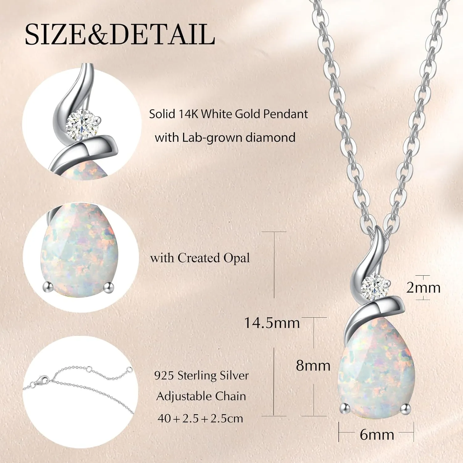 FANCIME 14K Solid White Gold Birthstone Pendant Necklace for Women with Diamond Pear Shaped Teardrop Necklace Birthday Gifts for Mom Women Sterling Silver Chain 16"   2" Extender