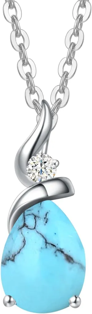 FANCIME 14K Solid White Gold Birthstone Pendant Necklace for Women with Diamond Pear Shaped Teardrop Necklace Birthday Gifts for Mom Women Sterling Silver Chain 16"   2" Extender