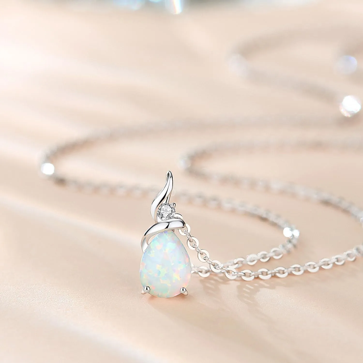 FANCIME 14K Solid White Gold Birthstone Pendant Necklace for Women with Diamond Pear Shaped Teardrop Necklace Birthday Gifts for Mom Women Sterling Silver Chain 16"   2" Extender