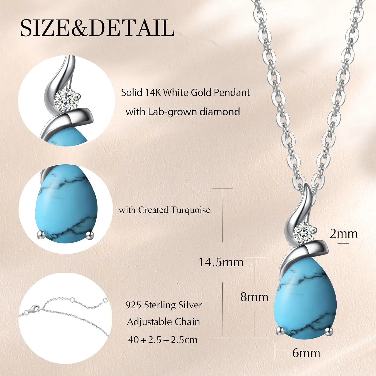 FANCIME 14K Solid White Gold Birthstone Pendant Necklace for Women with Diamond Pear Shaped Teardrop Necklace Birthday Gifts for Mom Women Sterling Silver Chain 16"   2" Extender