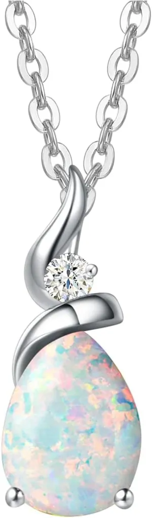 FANCIME 14K Solid White Gold Birthstone Pendant Necklace for Women with Diamond Pear Shaped Teardrop Necklace Birthday Gifts for Mom Women Sterling Silver Chain 16"   2" Extender