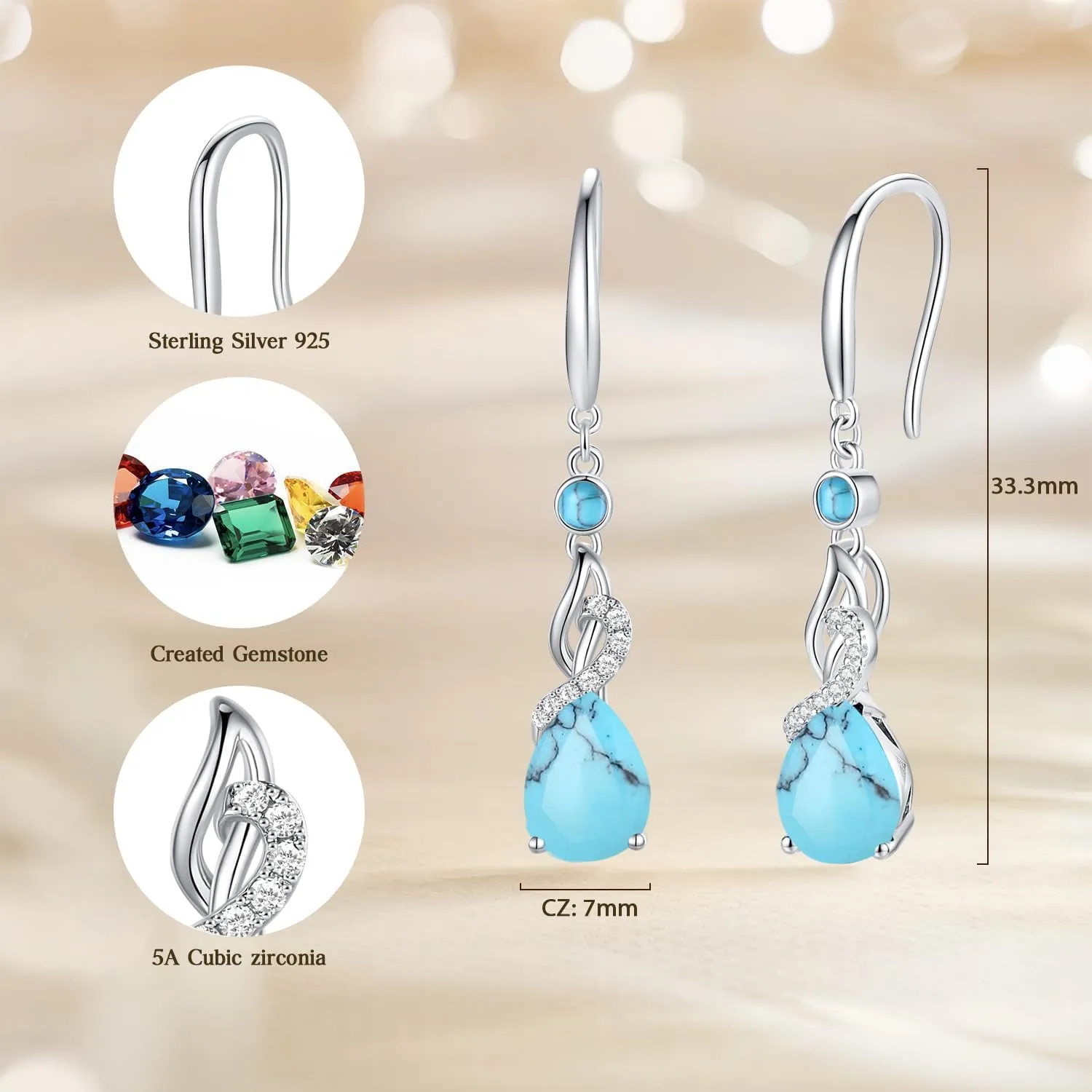 FANCIME Teardrop Dangle Drop Earrings 925 Sterling Silver Pear Gemstone Birthstone Earring Fine Jewelry Birthday Gifts for Women