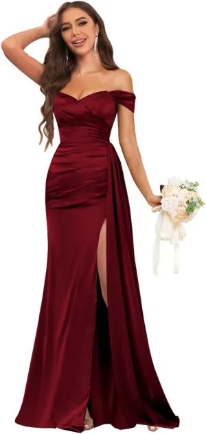 Fancy Bridesmaid Dresses for Wedding Off The Shoulder Mermaid Satin Prom Dress Formal Gown with Draping