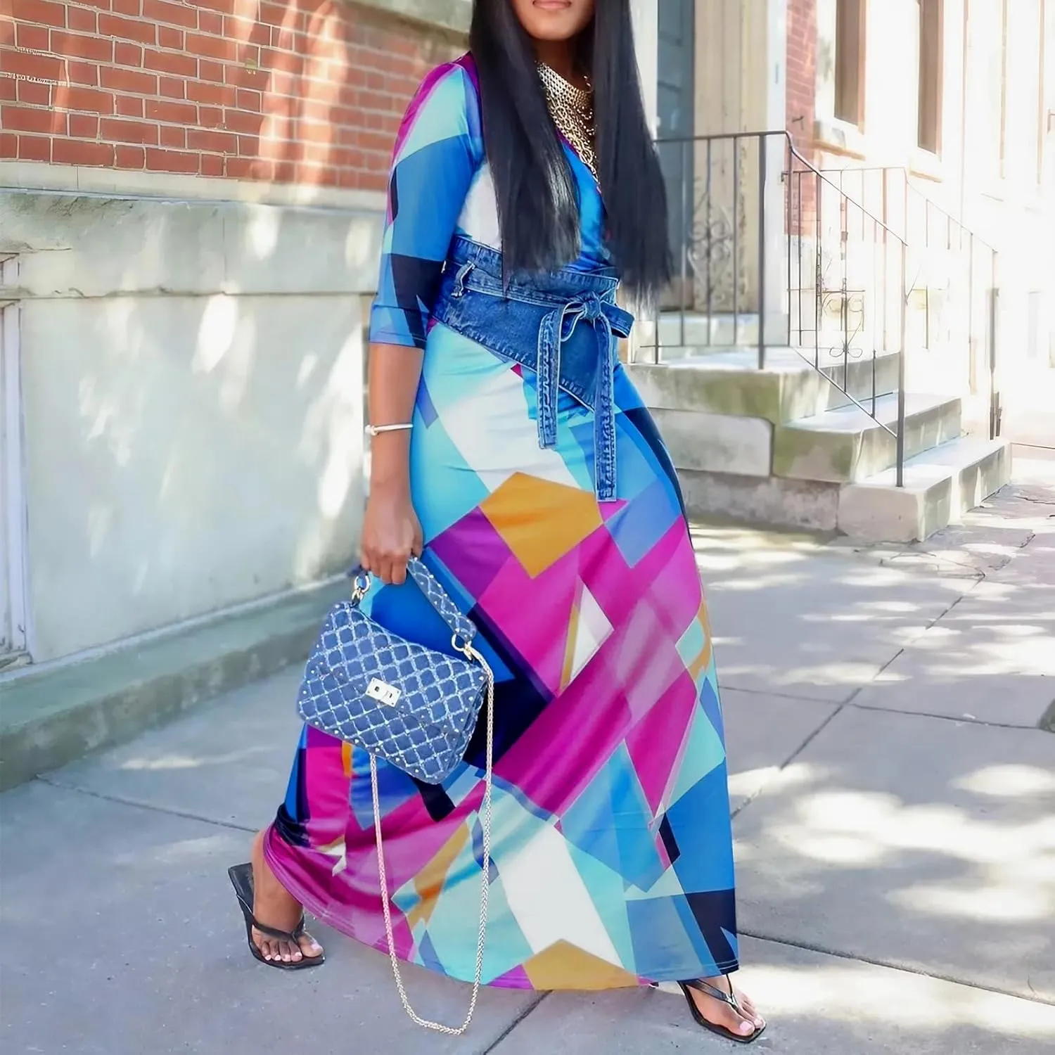 FANDEE Plus Size Maxi Dress for Women Casual Summer Sundress V-Neck 3/4 Sleeve