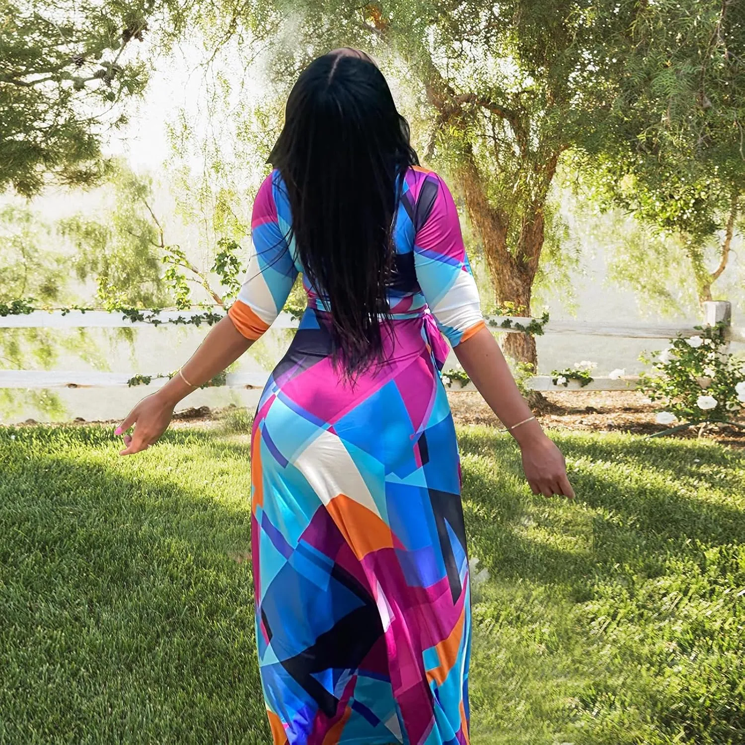 FANDEE Plus Size Maxi Dress for Women Casual Summer Sundress V-Neck 3/4 Sleeve