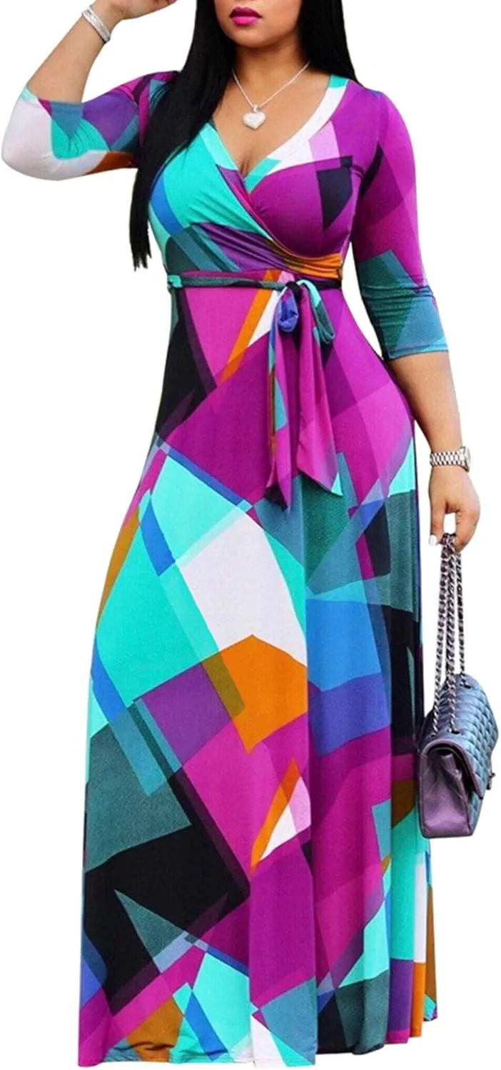FANDEE Plus Size Maxi Dress for Women Casual Summer Sundress V-Neck 3/4 Sleeve
